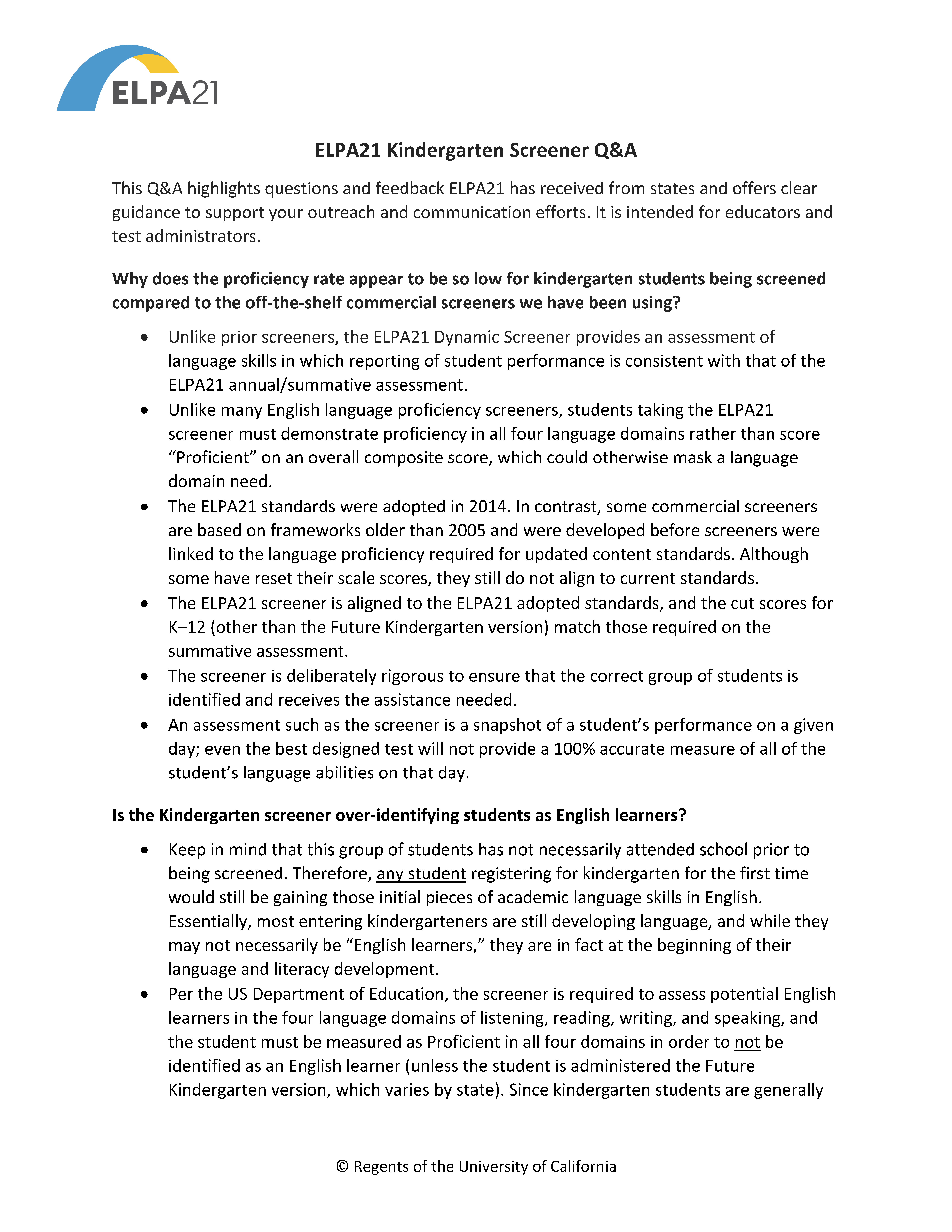 Cover of ELPA21 Kindergarten Screener Q&A document